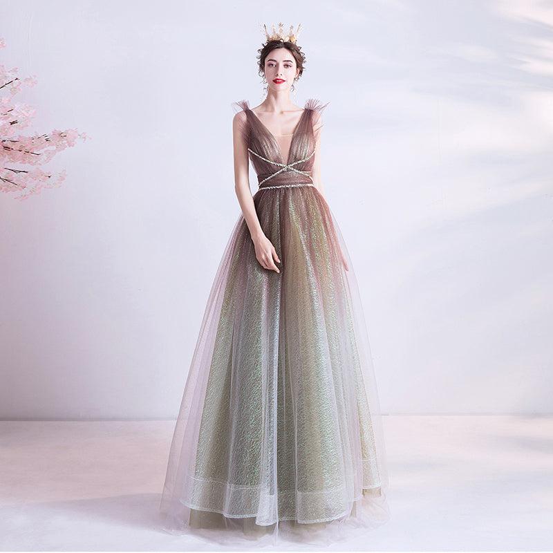 Pretty V-Neck Backless Floor Length Long Princess Prom Dress Prom Gowns Y0052