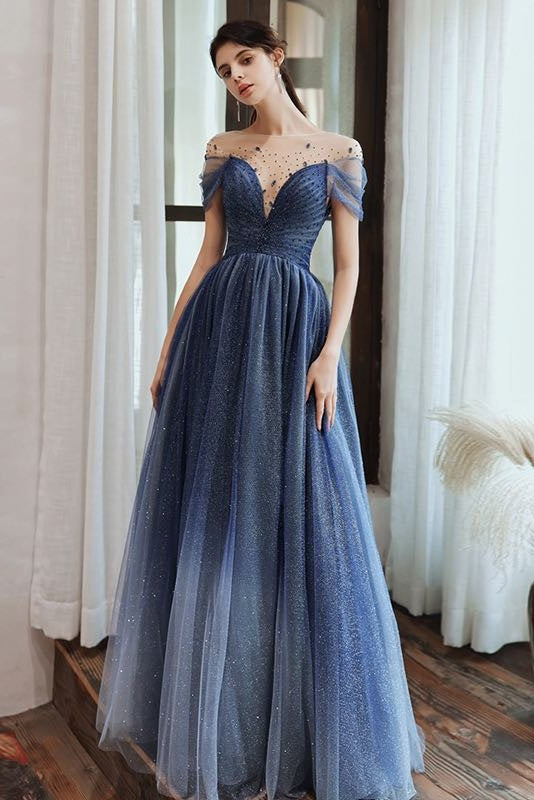 Newest Short Sleeves Beading A Line Ombre Long Princess Prom Dresses Y0053
