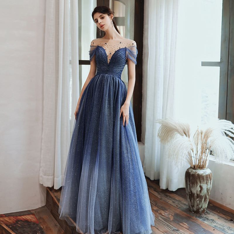 Newest Short Sleeves Beading A Line Ombre Long Princess Prom Dresses Y0053