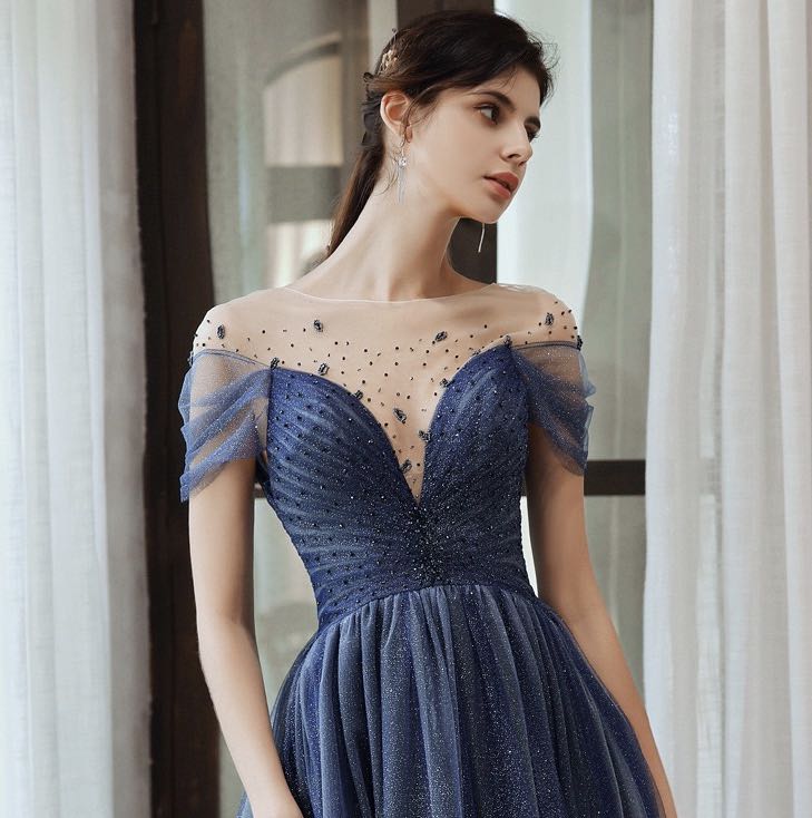 Newest Short Sleeves Beading A Line Ombre Long Princess Prom Dresses Y0053