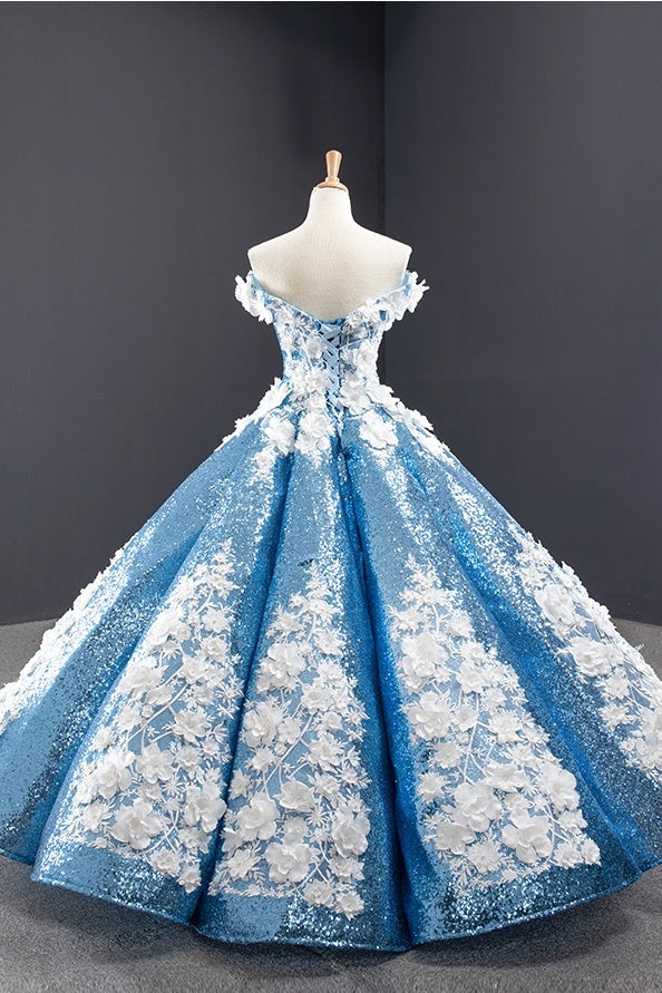 Chic Off The Shoulder Blue Ball Gown Princess Prom Dresses With Appliques Y0065