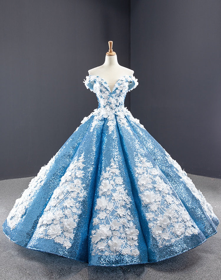 Chic Off The Shoulder Blue Ball Gown Princess Prom Dresses With Appliques Y0065