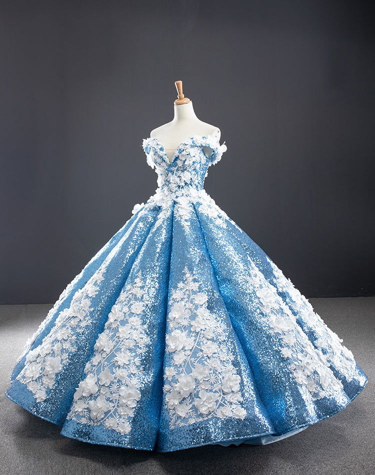 Chic Off The Shoulder Blue Ball Gown Princess Prom Dresses With Appliques Y0065