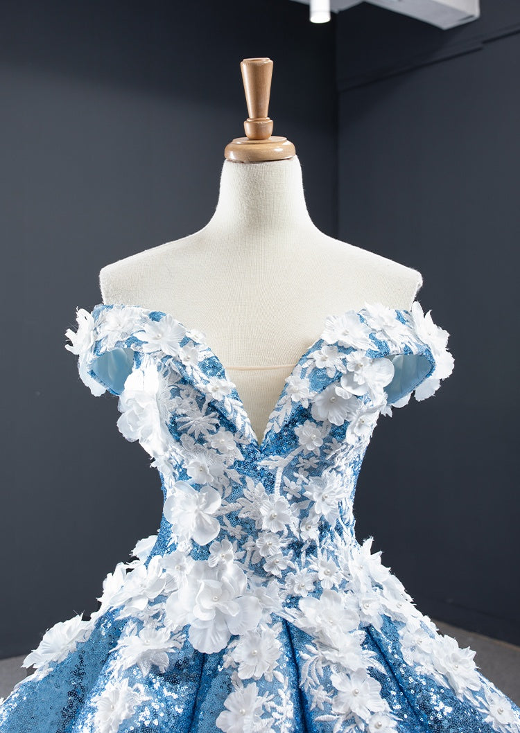 Chic Off The Shoulder Blue Ball Gown Princess Prom Dresses With Appliques Y0065