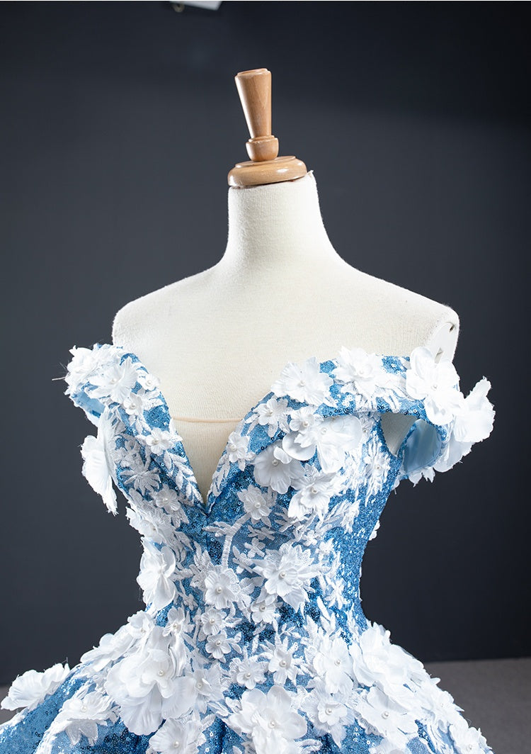 Chic Off The Shoulder Blue Ball Gown Princess Prom Dresses With Appliques Y0065