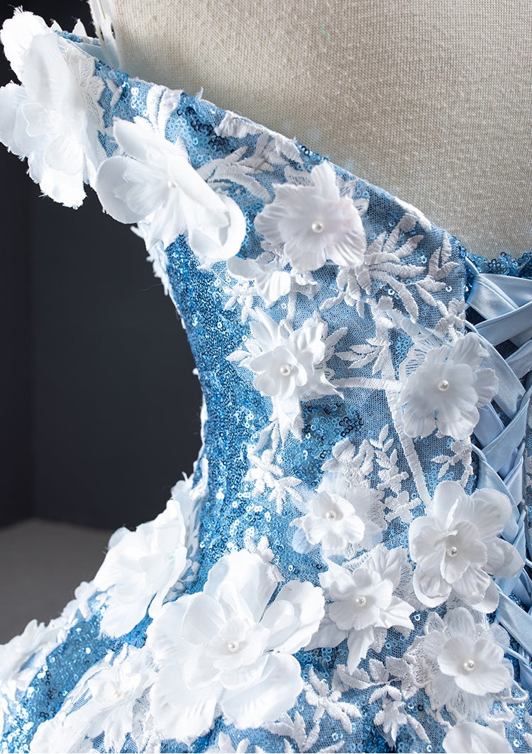 Chic Off The Shoulder Blue Ball Gown Princess Prom Dresses With Appliques Y0065