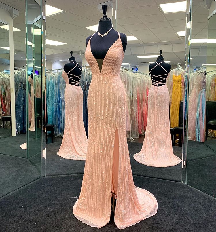 Sexy Sheath Spaghetti Straps Front Split Beading Backless Prom Dress Y0088