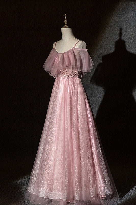 Pretty Pink Sequin Shiny Spaghetti Straps Lace Up Long Prom Dress Y0095