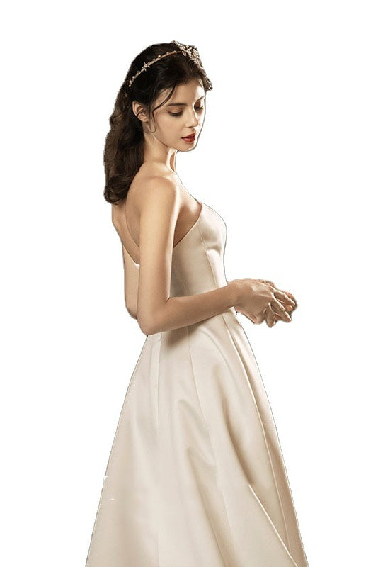 Chic Sweetheart Ivory Satin Long Beach Wedding Dress With Bowknot Y0107