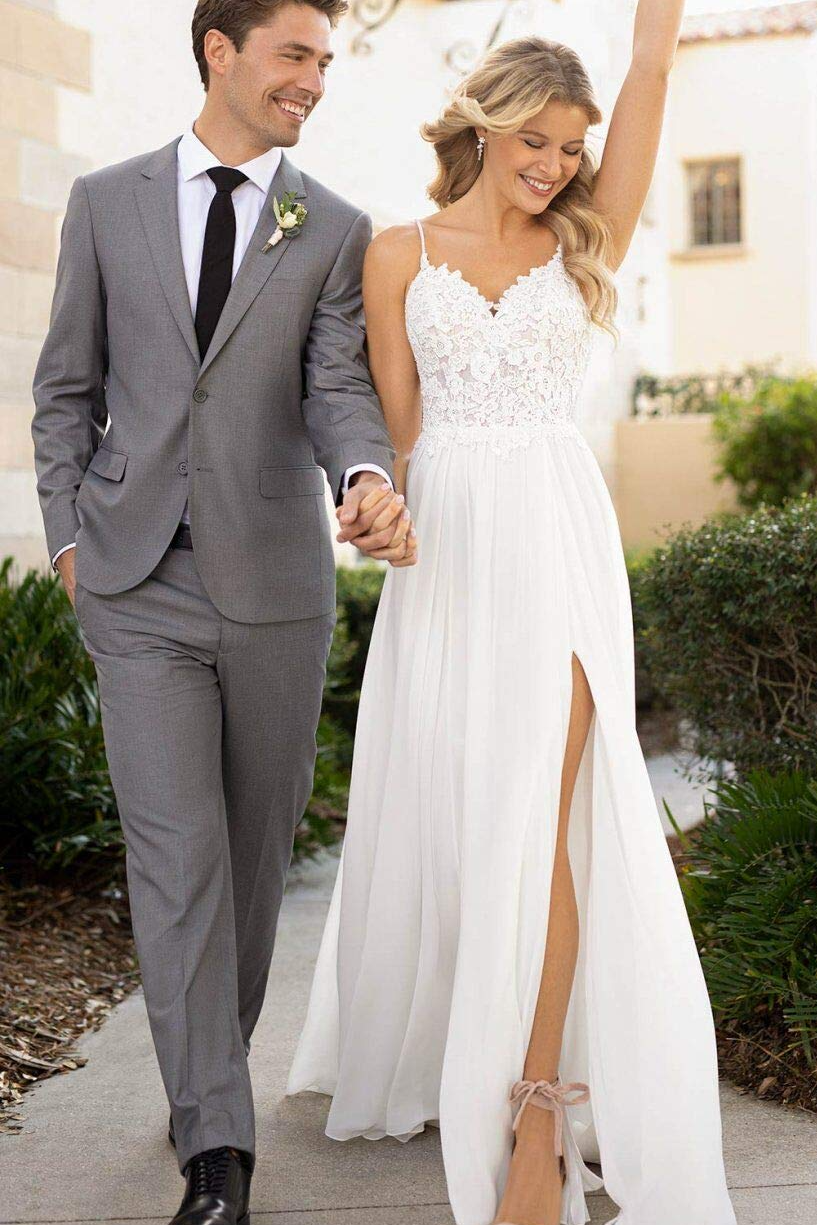 Spaghetti Straps Lace Chiffon Long Flowy Beach Wedding Dresses
