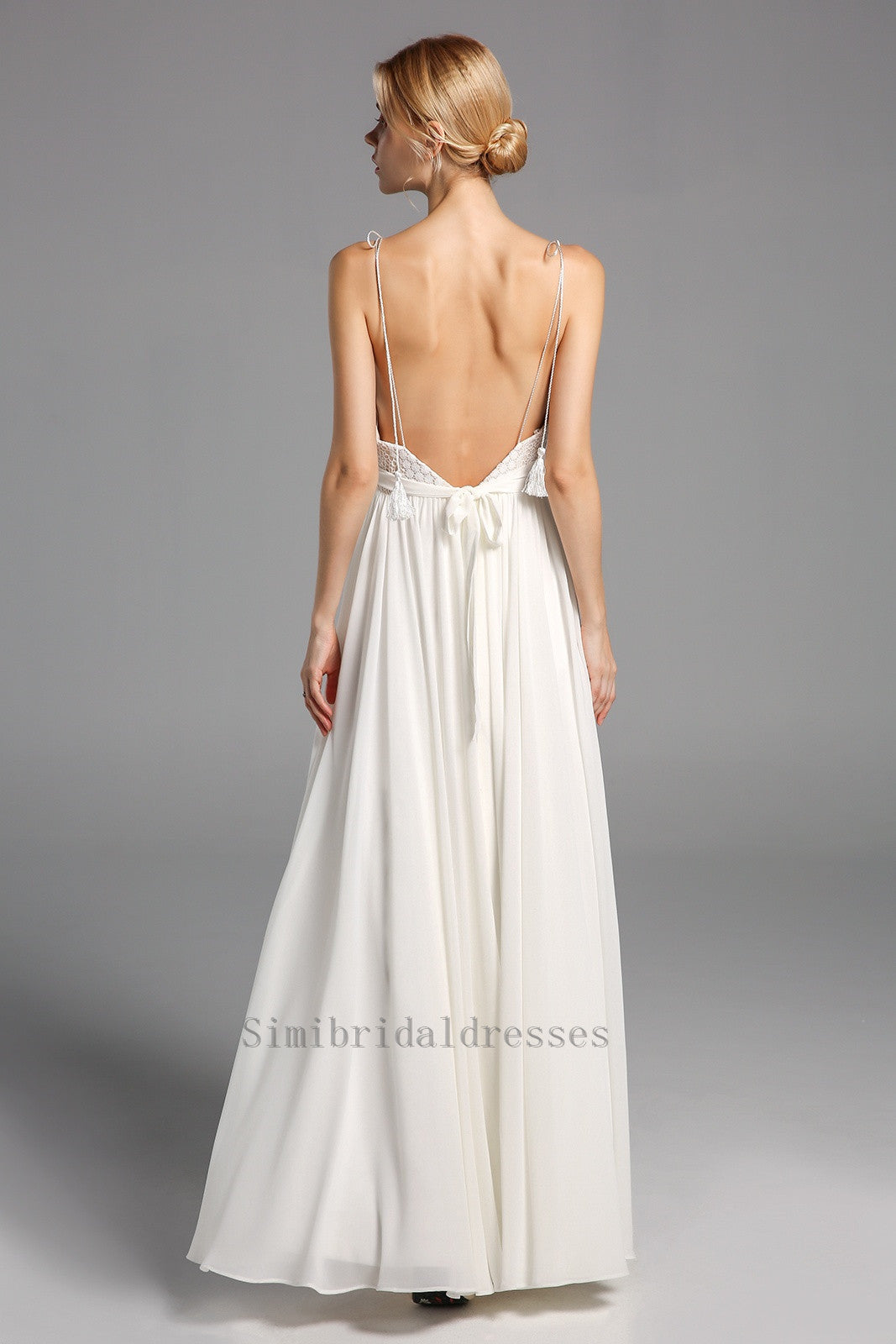Elegant Spaghetti Straps V-Neck Lace Chiffon Long Beach Wedding Dress Y0131