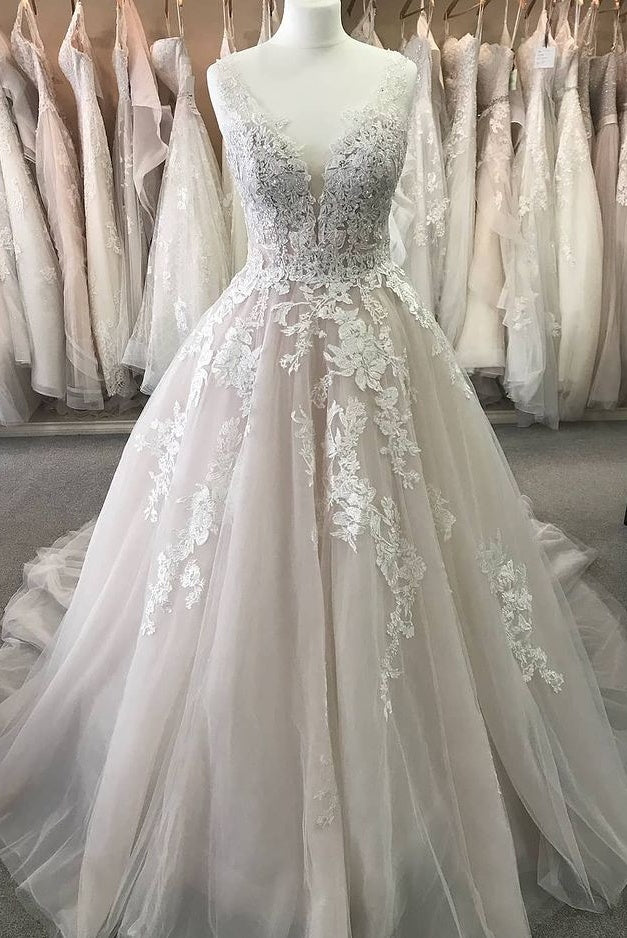 Gorgeous A-line Lace V-neck Tulle Long Wedding Dress with Appliques,MW –  Musebridals