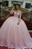 Ball Gown Long Sleeves Lace Appliqued Tulle Light Pink Sweet 16 Prom Dress