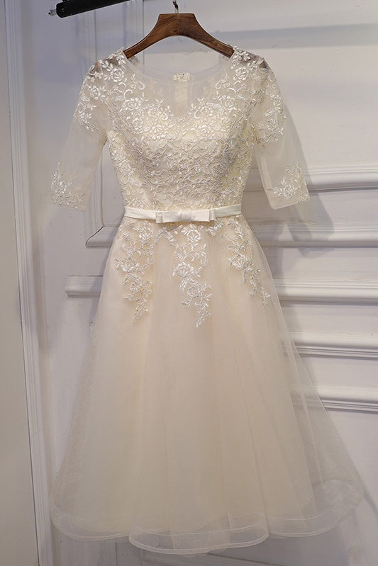 Half Sleeves Tea Length Lace Tulle Homecoming Dresses Cute Dresses Y0212