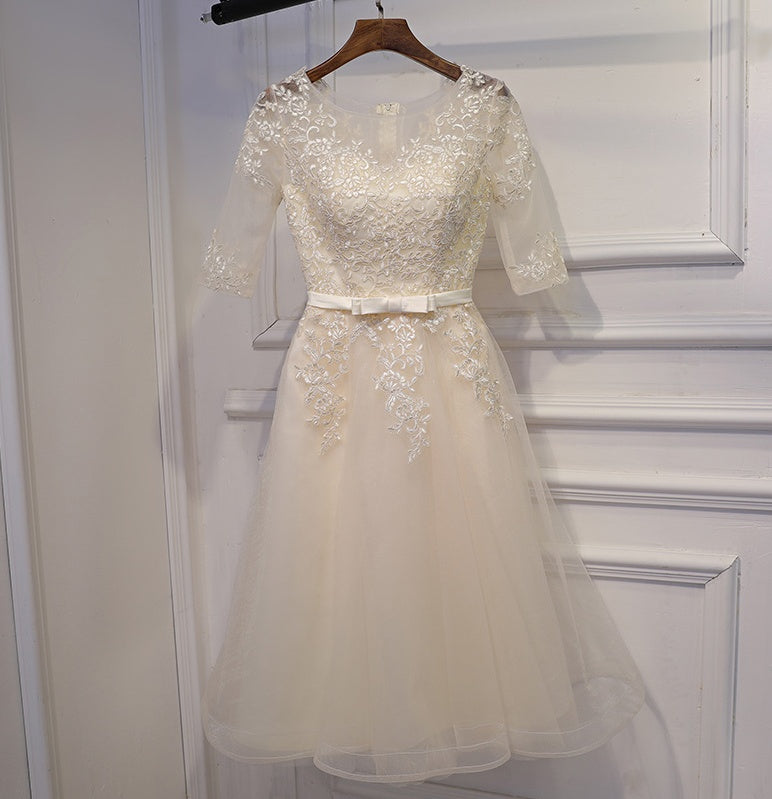 Half Sleeves Tea Length Lace Tulle Homecoming Dresses Cute Dresses Y0212