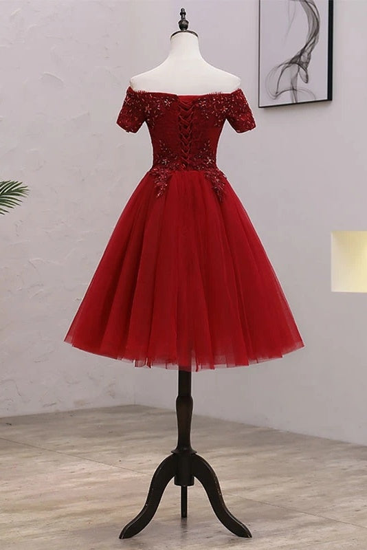 Off The Shoulder Burgundy Tea Length Short Sleeves Homecoming Dresses Y0251