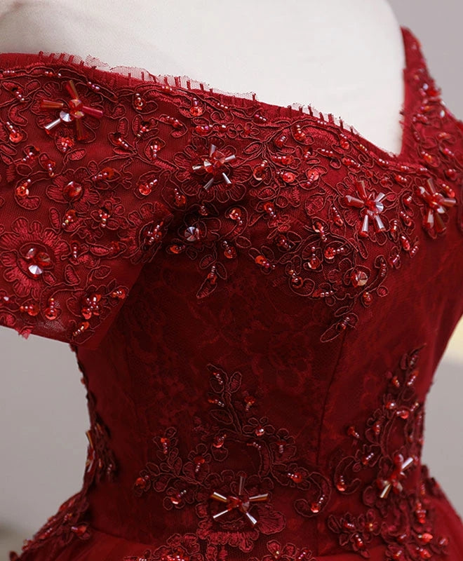 Off The Shoulder Burgundy Tea Length Short Sleeves Homecoming Dresses Y0251