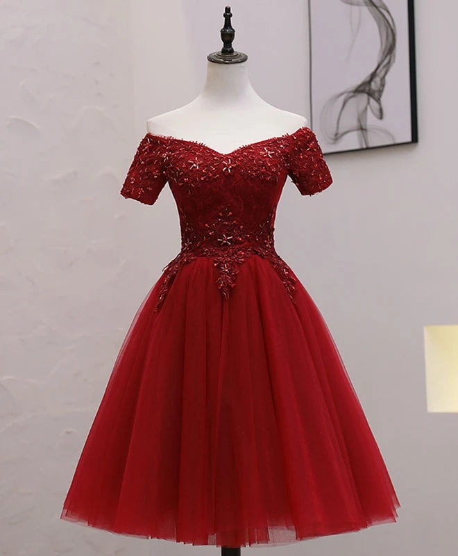 Off The Shoulder Burgundy Tea Length Short Sleeves Homecoming Dresses Y0251