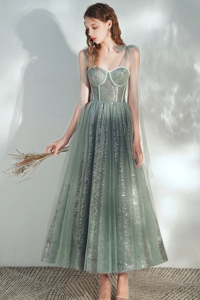 Glitter Elegant Tea Length Tulle Prom Dresses Long Homecoming Dresses