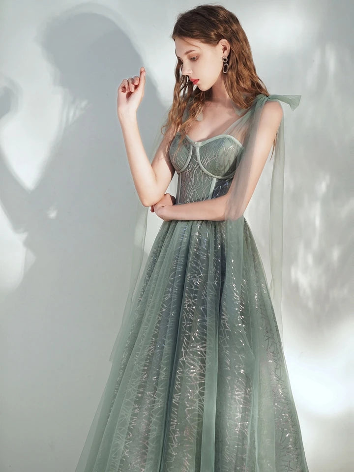 Glitter Elegant Tea Length Tulle Prom Dresses Long Homecoming Dresses
