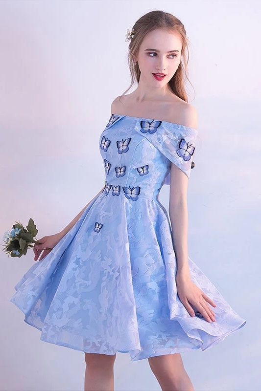 Cute Off The Shoulder Light Blue Short Lace Homecoming Dresses With Butterfly
