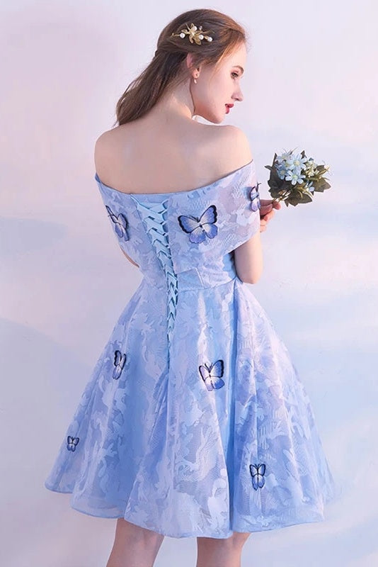 Cute Off The Shoulder Light Blue Short Lace Homecoming Dresses With Butterfly