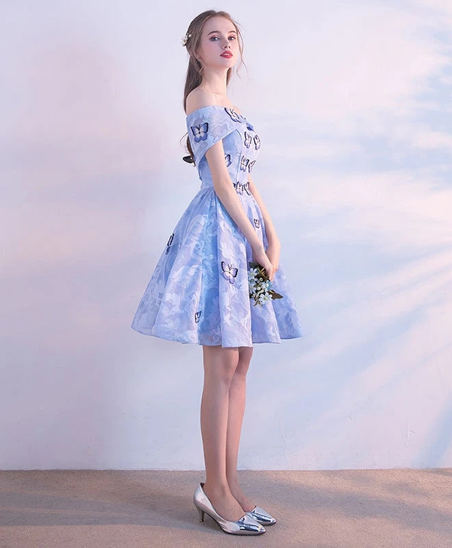 Cute Off The Shoulder Light Blue Short Lace Homecoming Dresses With Butterfly