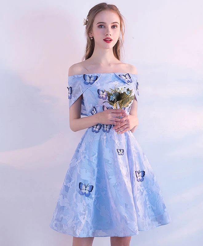Cute Off The Shoulder Light Blue Short Lace Homecoming Dresses With Butterfly