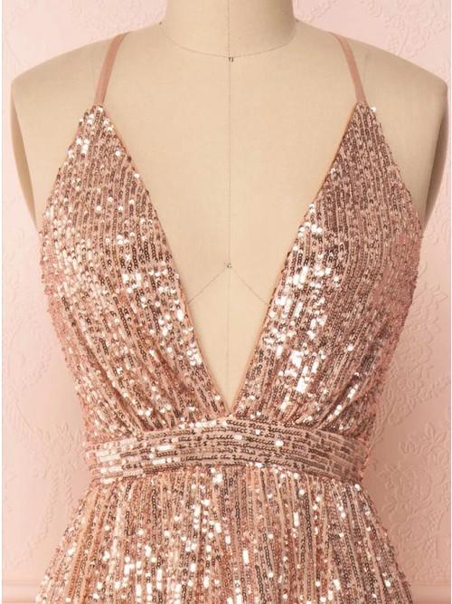 Glitter Spaghetti Straps Backless V-neck Homecoming Dress Cute Event Dress Y0282