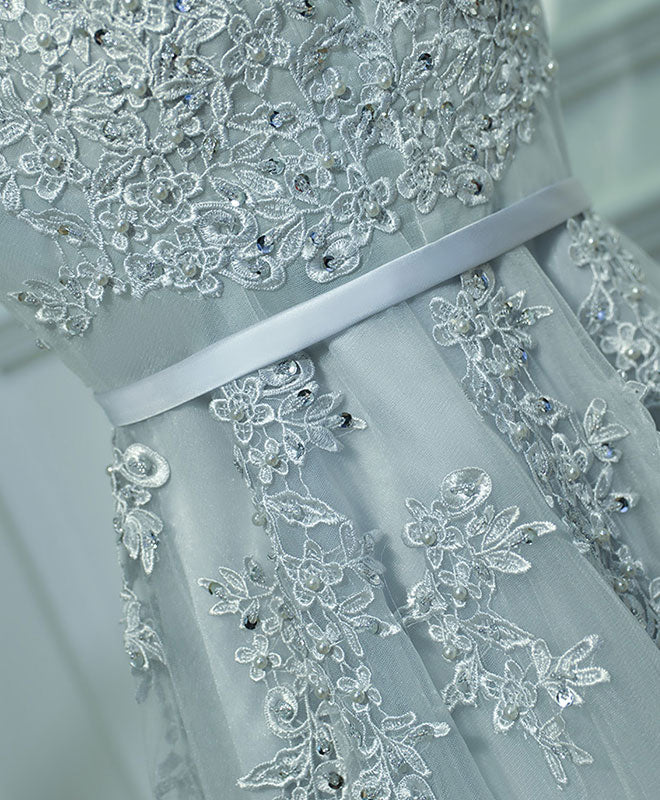 Light Gray V-neck A Line Tulle Short Homecoming Dress With Appliques Y0296