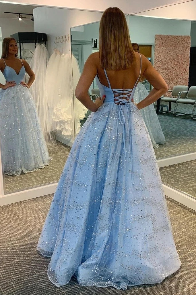 Glitter Light Blue Spaghetti Straps Long A Line Princess Prom