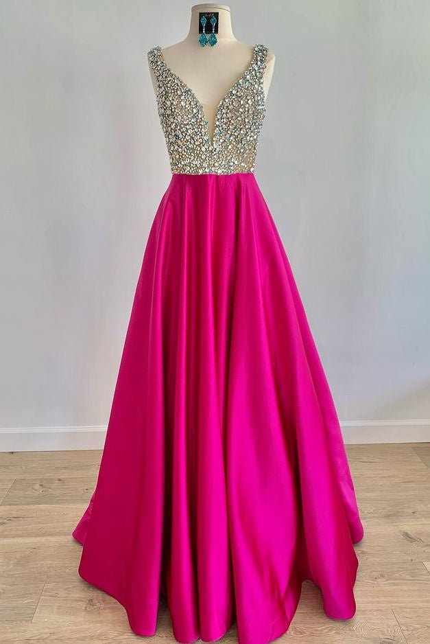 Classy A Line Floor Length Beading Satin Long Prom Dresses Y0362