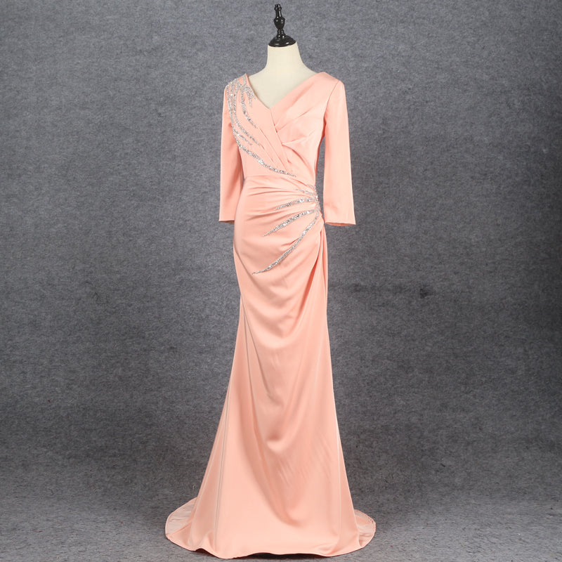 Elegant V-Neck Zipper Back Long Sleeves Beading Long Prom Dresses Y0372