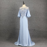 Light Blue Beading Long Prom Dresses With Sleeves Y0373