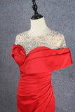 Modest Red Mermaid Short Sleeves Beading Satin Long Prom Dresses Y0375
