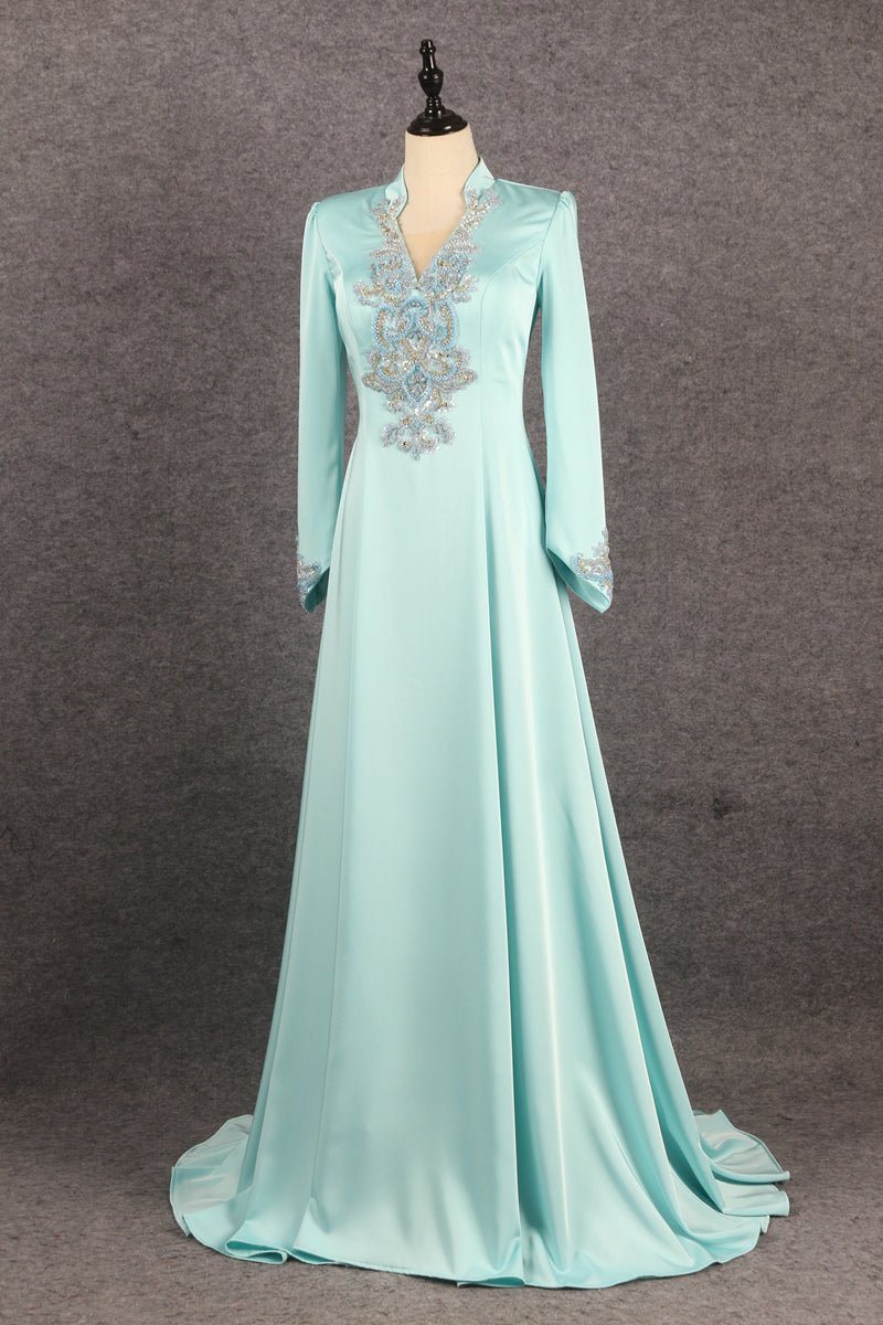 Formal Long Sleeves Beading A Line Zipper Back Long Prom Dresses Y0376