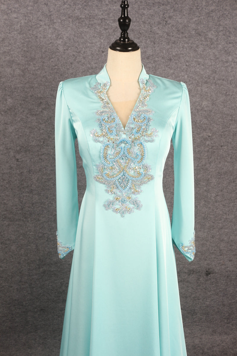 Formal Long Sleeves Beading A Line Zipper Back Long Prom Dresses Y0376