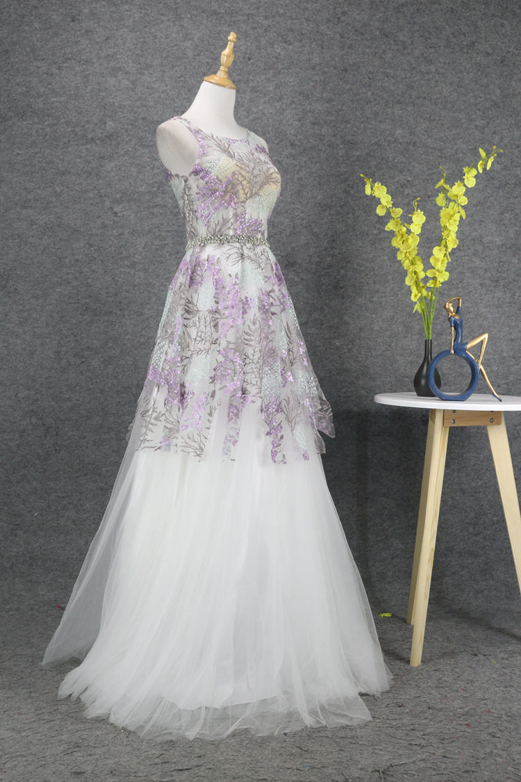 Flowy Zipper Back A Line Lace Tulle Long Prom Dresses Y0381