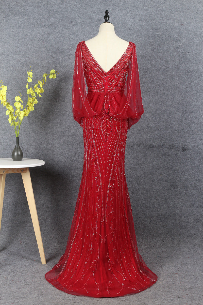 Gorgeous V-Neck Burgundy Tulle Beading Long Zipper Back Prom Dresses Y0395