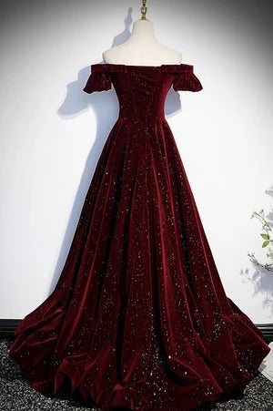 Charming Off The Shoulder Burgundy Shiny Long Prom Dresses Y0413