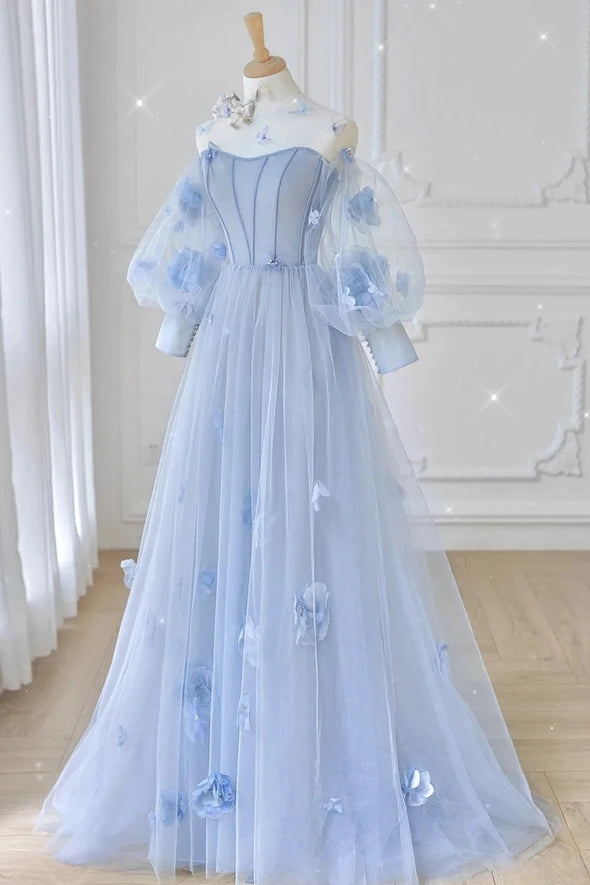 Cute Light Blue Long Sleeves Elegant Princess Dresses Prom Dresses Y04