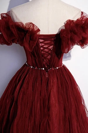 Pretty Off The Shoulder Burgundy Long Tulle Prom Dresses Y0416