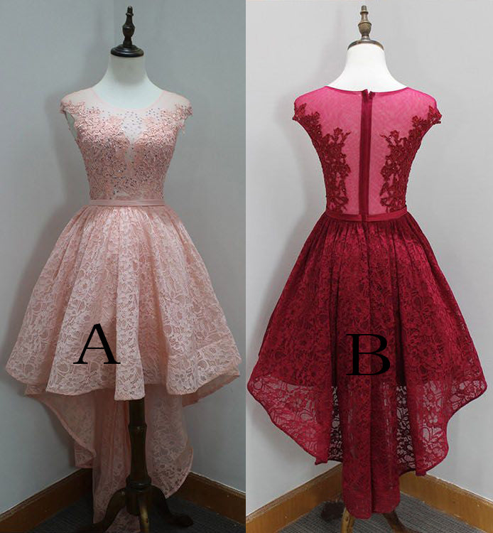 A Line High-Low Round Neck Sleeveless Lace Homecoming Dresses N1075