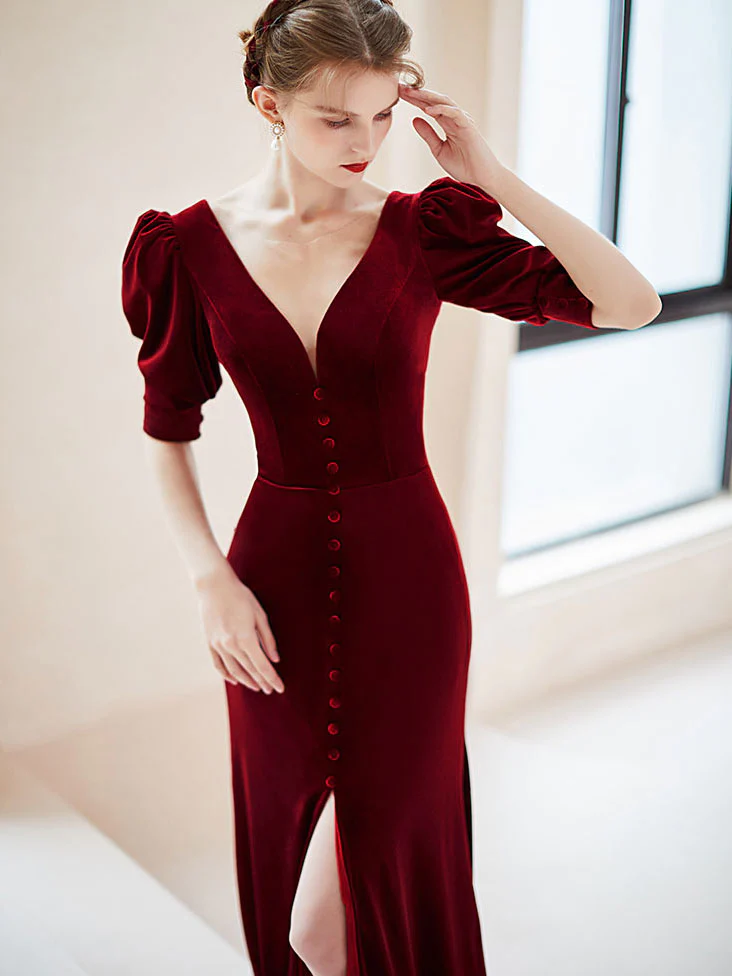 Burgundy V-neck Short Sleeve Velvet Mermaid Long Formal Prom Dress