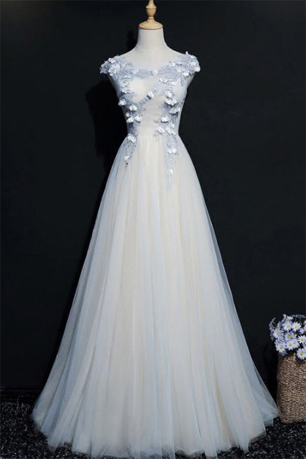 A Line Cap Sleeves Tulle Flower Appliqued Floor Length Prom Dress N1174