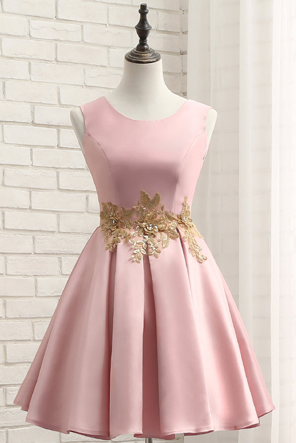 Pink A Line Sleeveless Ruched Homecoming Dress with Gold Appliques, Short Prom Dress
