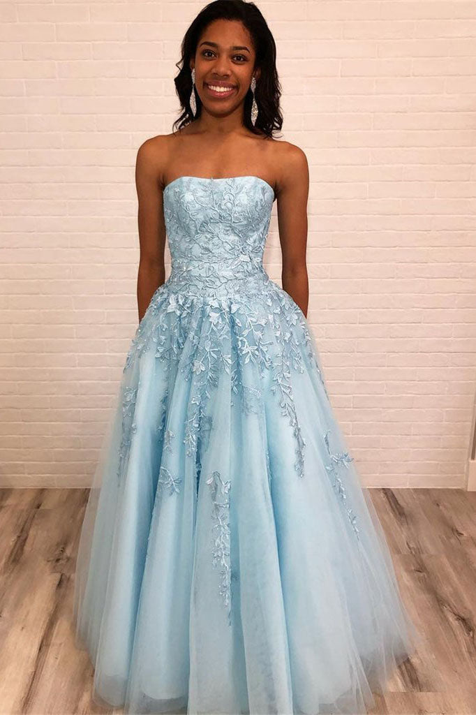 Light Blue Strapless Long Prom Dress with Lace Appliques, New
