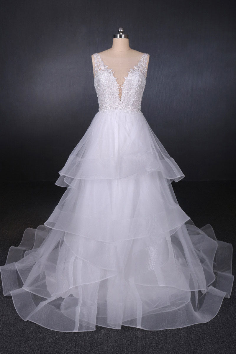 Unique V Neck Sleeveless Tulle Wedding Dresses, Asymmetrical Long Bridal Dresses N2290