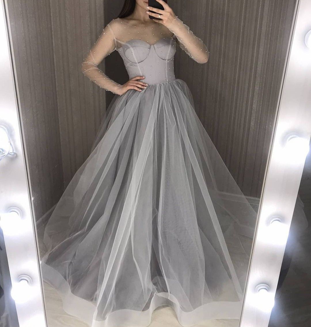 Long Sleeves Evening Dress Grey A Line Pearls Tulle Long Prom Dress