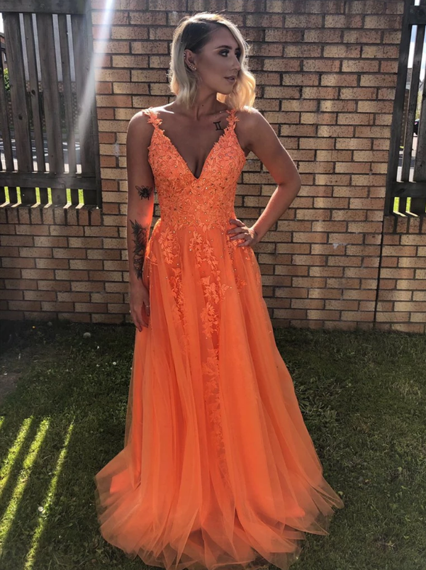A-Line V-Neck Backless Lace Appliques Formal Dress Orange Prom Dress